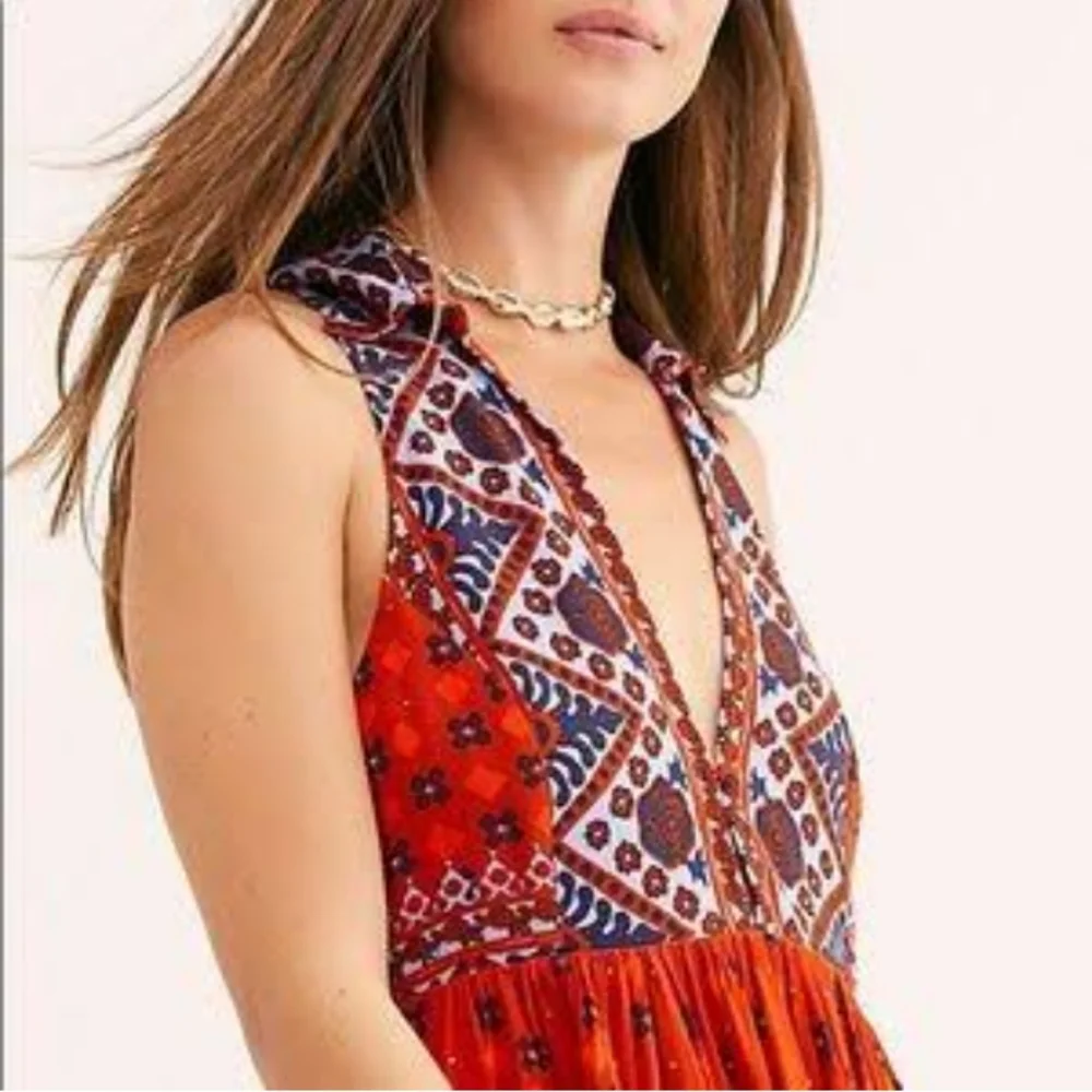Free People "Scarlet" bohemian tunic blouse v neck button - L - orange/navy - Picture 1 of 12